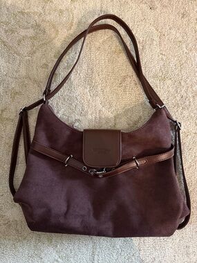 Women's Suede Shoulder Bag in Deep Brown with Leather Trim